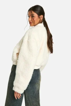 Shop boohoo Faux Fur Bomber Jacket white