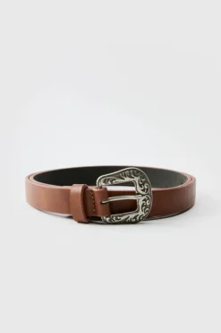 Fashion boohooMAN Faux Leather Belt With Western Buckle in brown