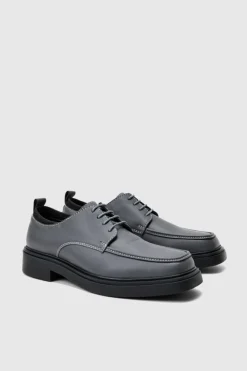 Online boohooMAN Faux Leather Contras Stitch Derby Shoes In grey
