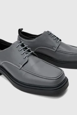 Online boohooMAN Faux Leather Contras Stitch Derby Shoes In grey