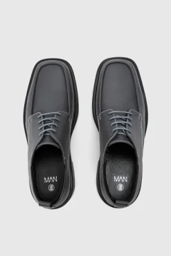 Online boohooMAN Faux Leather Contras Stitch Derby Shoes In grey