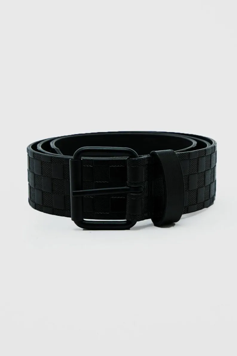 Hot boohooMAN Faux Leather Embossed Checkerboard Belt black