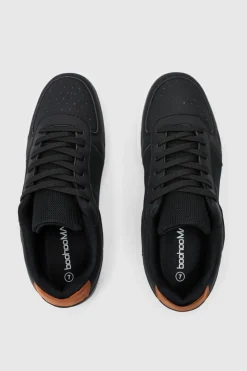 Online boohooMAN Faux Leather Panel Detail Trainer black