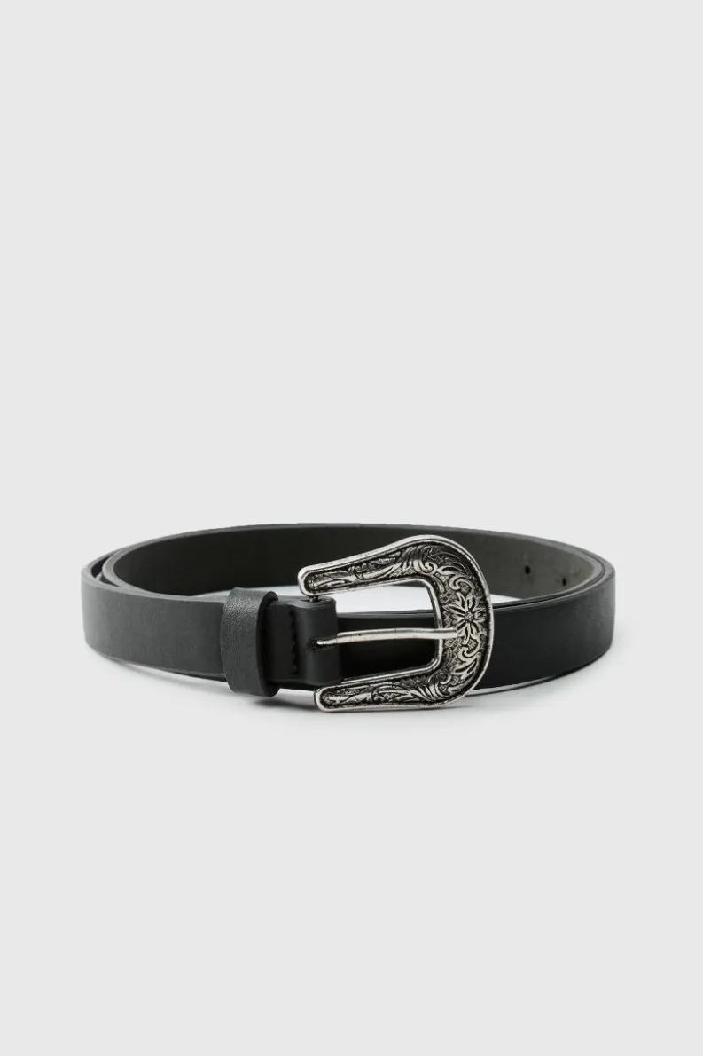 Outlet boohooMAN Faux Leather Textured Belt With Western Buckle black