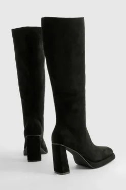 Online boohoo Faux Suede Block Heel Platform Knee High Boots black