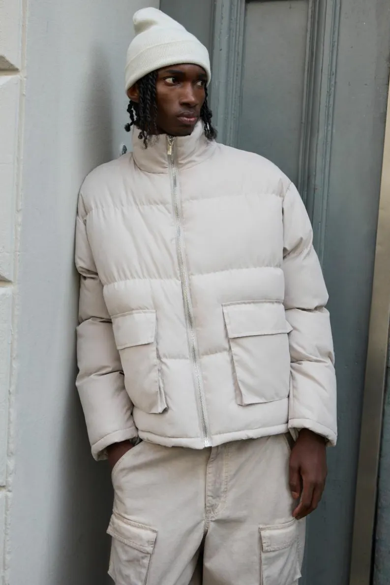 Cheap boohooMAN Faux Suede Funnel Neck Puffer Jacket In stone
