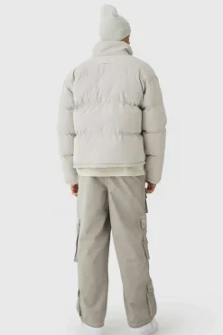 Cheap boohooMAN Faux Suede Funnel Neck Puffer Jacket In stone