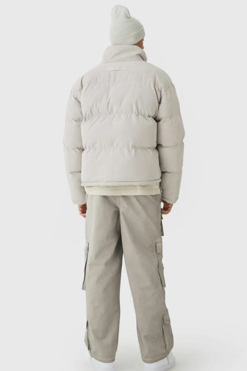 Cheap boohooMAN Faux Suede Funnel Neck Puffer Jacket In stone