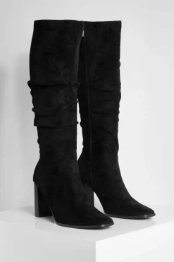 Hot boohoo Faux Suede Ruched Block Heel Knee High Boot black