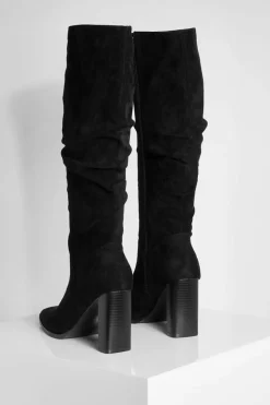 Hot boohoo Faux Suede Ruched Block Heel Knee High Boot black