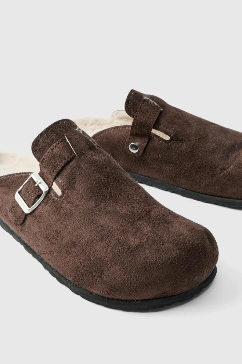Shop boohooMAN Faux Suede Sherpa Lined Mule In brown