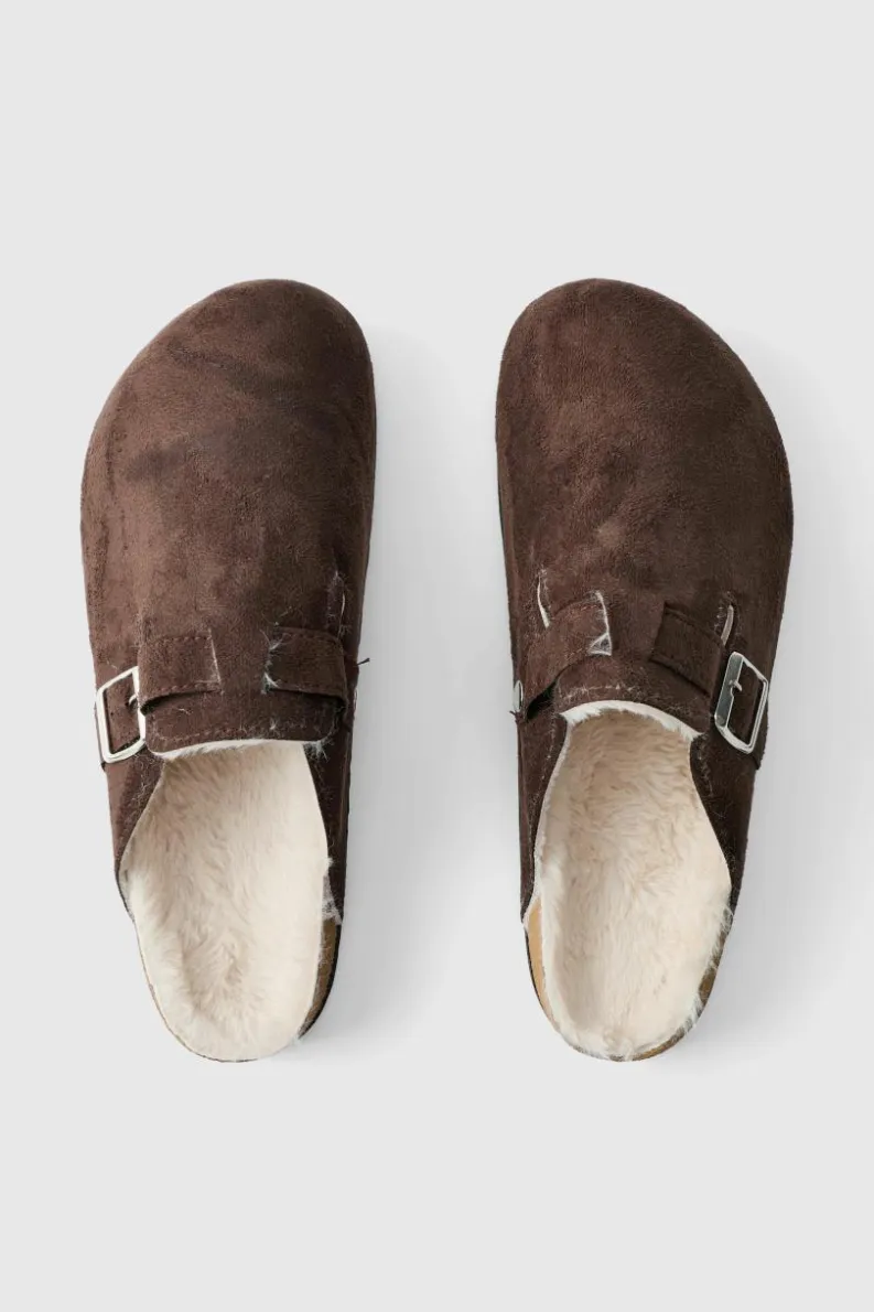 Shop boohooMAN Faux Suede Sherpa Lined Mule In brown
