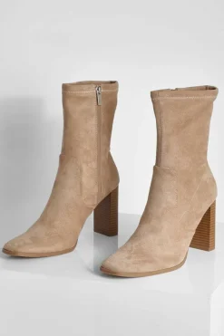 Sale boohoo Faux Suede Square Toe Heeled Sock Boots taupe