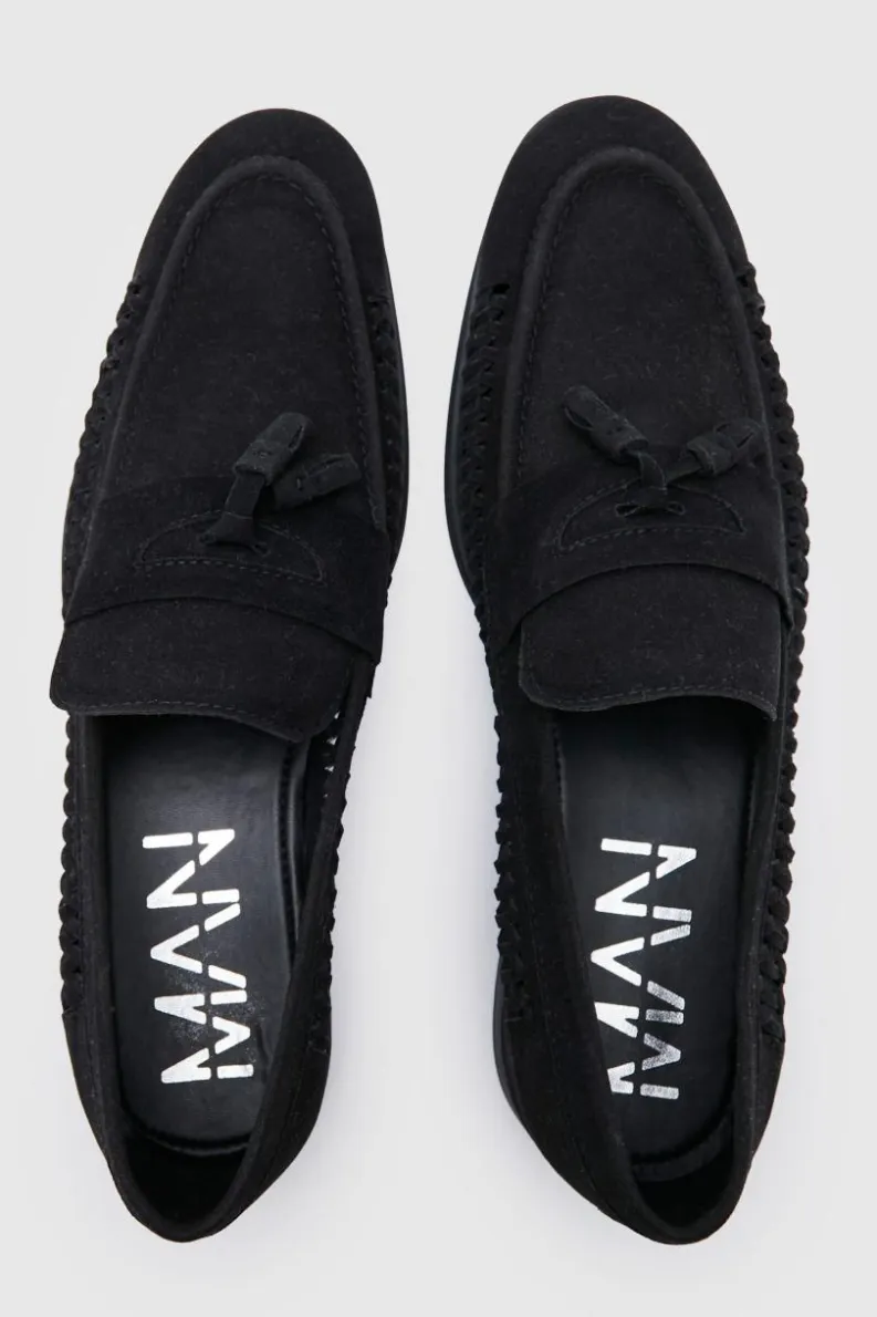 Hot boohooMAN Faux Suede Weave Loafer black
