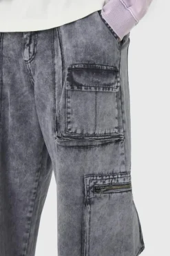 Clearance boohooMAN Fixed Waist Acid Washed Baggy Cargo Trouser charcoal