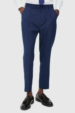 New boohooMAN Fixed Waist High Rise Tapered Crop Tailored Trousers navy