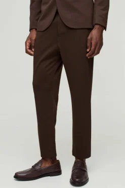 Clearance boohooMAN Fixed Waist Jersey Tapered Tailored Trousers brown