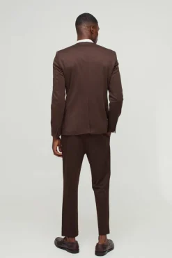 Clearance boohooMAN Fixed Waist Jersey Tapered Tailored Trousers brown