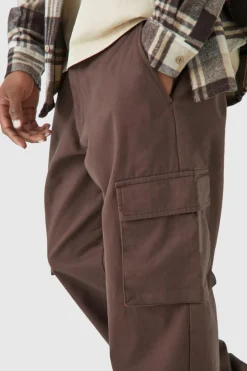 Sale boohooMAN Fixed Waist Relaxed Fit Cargo Trouser chocolate