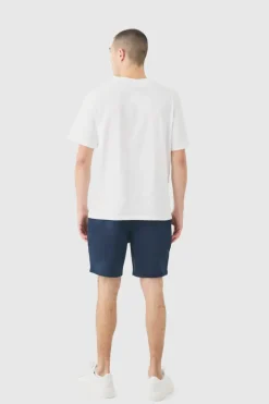 Shop boohooMAN Fixed Waist Slim Fit Chino Shorts navy
