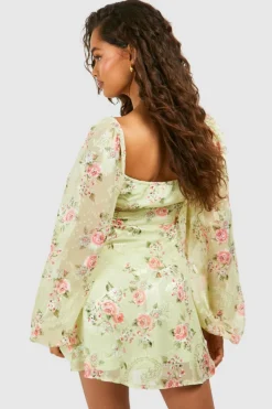 Discount boohoo Floral Blouson Sleeve Skater Dress sage