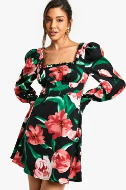 Cheap boohoo Floral Corset Milkmaid Mini Dress black