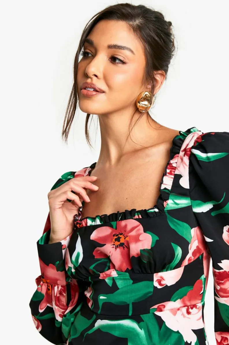 Cheap boohoo Floral Corset Milkmaid Mini Dress black