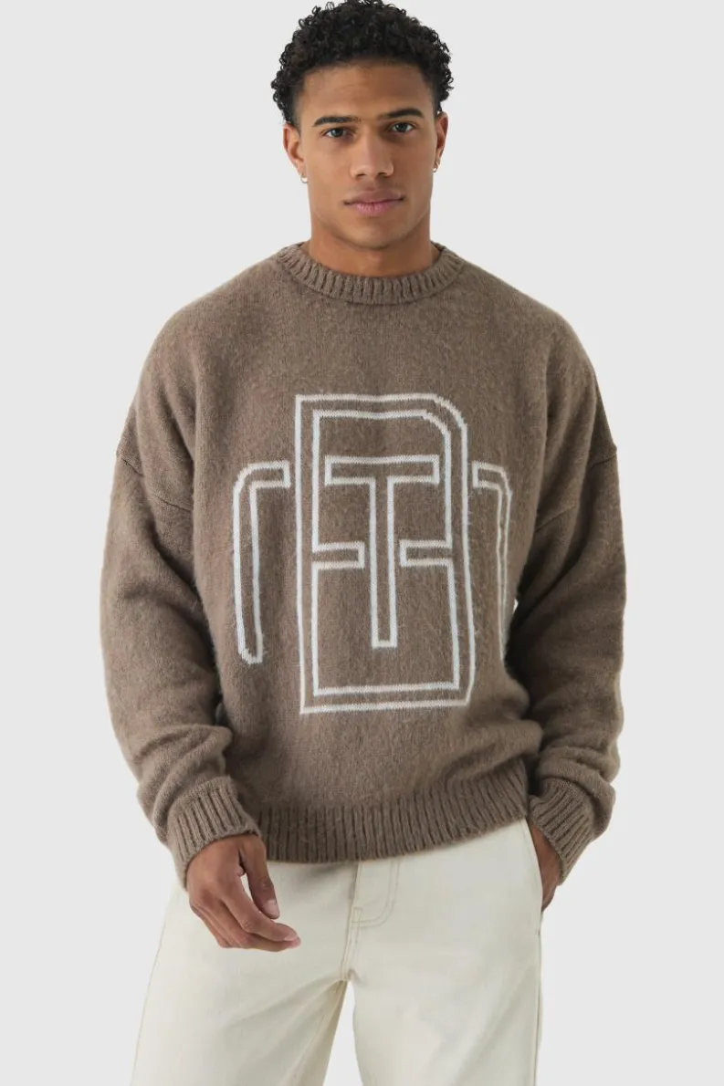 Cheap boohooMAN Fluffy Knit BM Jumper taupe