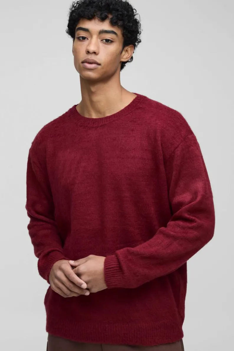 Cheap boohooMAN Fluffy Knit Crew Neck Oversized Jumper wine