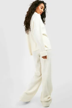 Cheap boohoo Funnel Neck And Wide Leg Trouser Knitted Tracksuit ecru