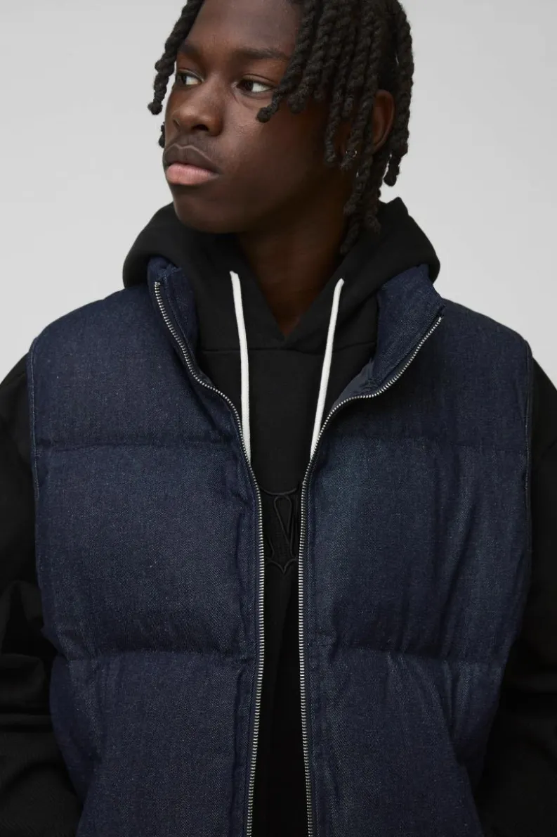 Best boohooMAN Funnel Neck Denim Puffer Panelled Gilet indigo