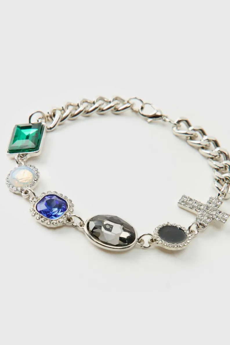 Shop boohooMAN Gemstone And Cross Bracelet silver