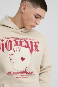 Flash Sale boohooMAN Gothic Cards Graphic Hoodie sand