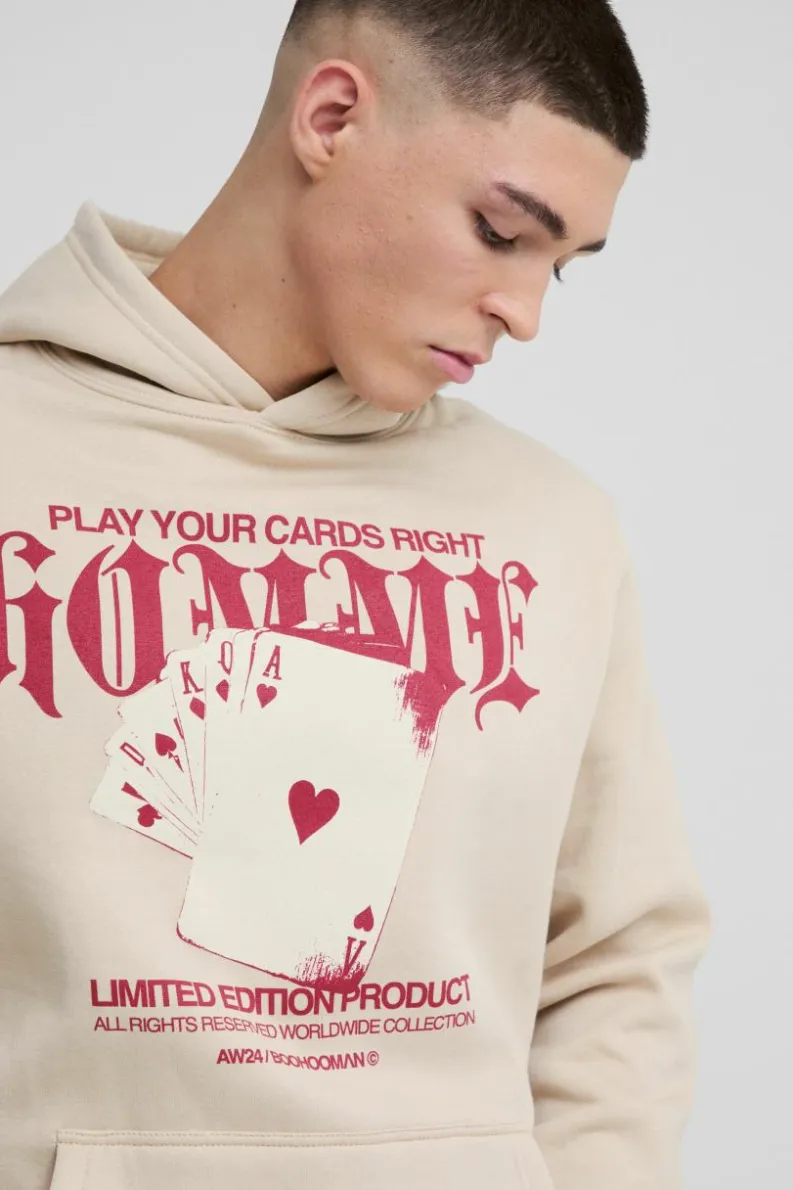 Flash Sale boohooMAN Gothic Cards Graphic Hoodie sand