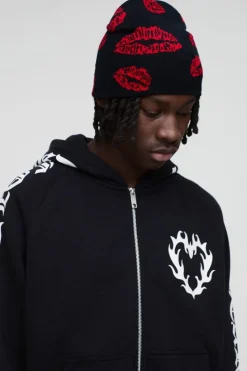 Fashion boohooMAN Graphic Lips Beanie black