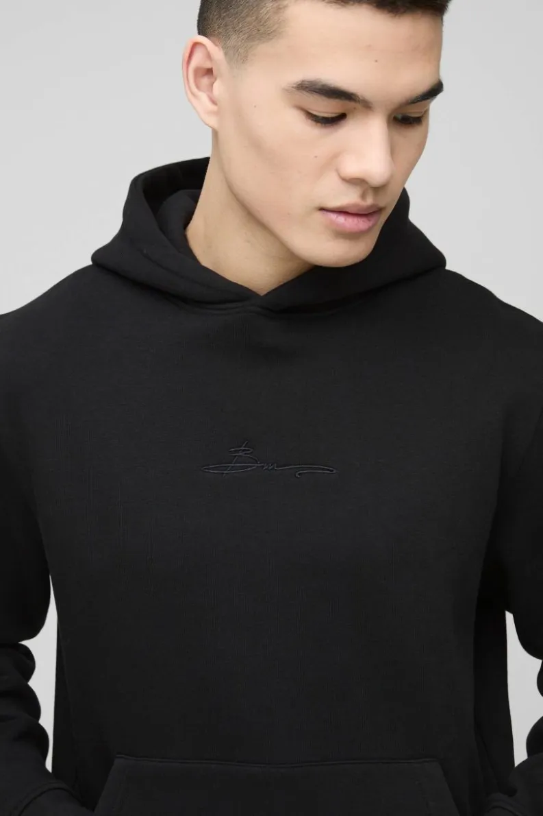 Shop boohooMAN 330GSM BM Signature Over The Head Hoodie black