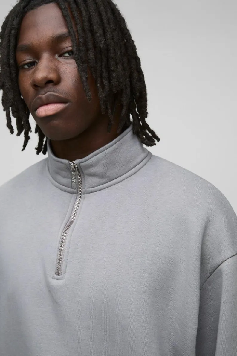 Hot boohooMAN 330GSM Oversized Basic Boxy Funnel Neck Sweatshirt grey