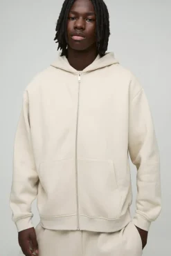 New boohooMAN 330GSM Oversized Basic Zip Through Hoodie stone