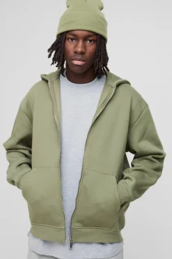 Discount boohooMAN 330GSM Oversized Basic Zip Through Hoodie olive