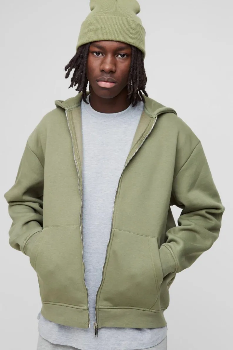 Discount boohooMAN 330GSM Oversized Basic Zip Through Hoodie olive