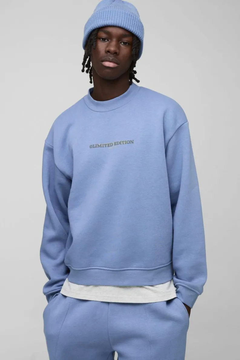 Best Sale boohooMAN 330GSM Oversized Boxy Extended Neck Limited high Build Print Sweatshirt dusty blue