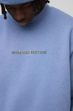 Best Sale boohooMAN 330GSM Oversized Boxy Extended Neck Limited high Build Print Sweatshirt dusty blue