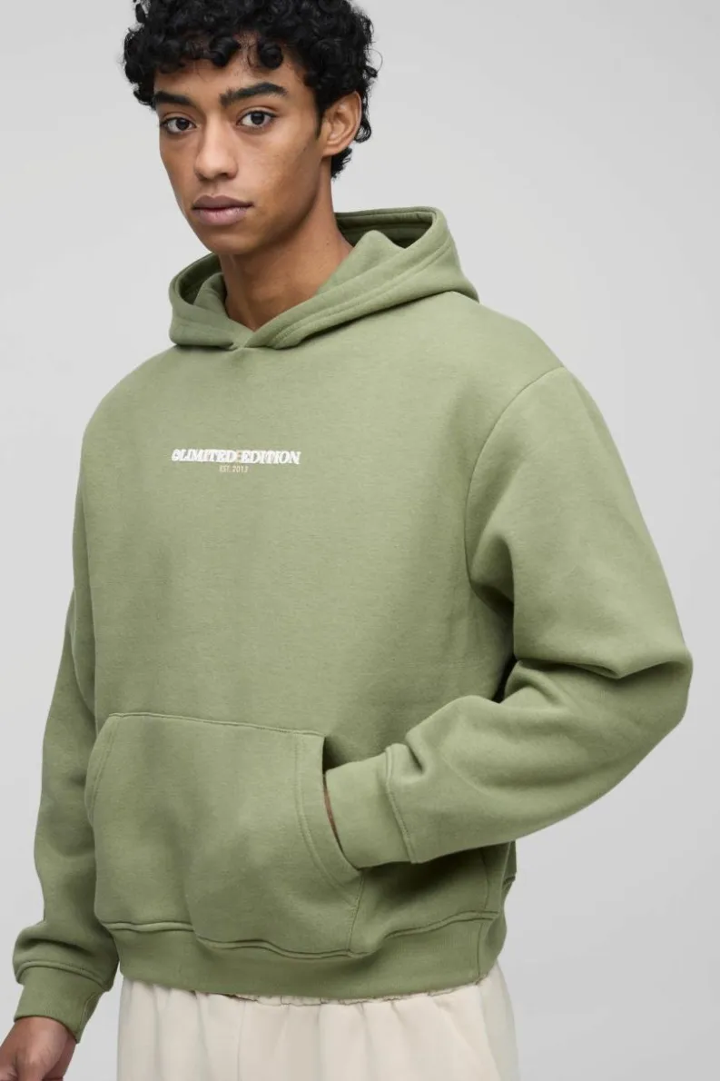 Shop boohooMAN 330GSM Oversized Boxy High Build Print Limited Hoodie olive