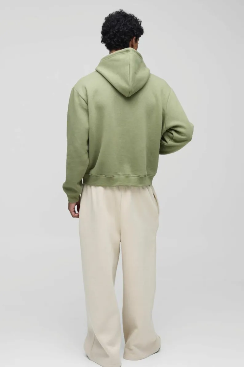 Shop boohooMAN 330GSM Oversized Boxy High Build Print Limited Hoodie olive
