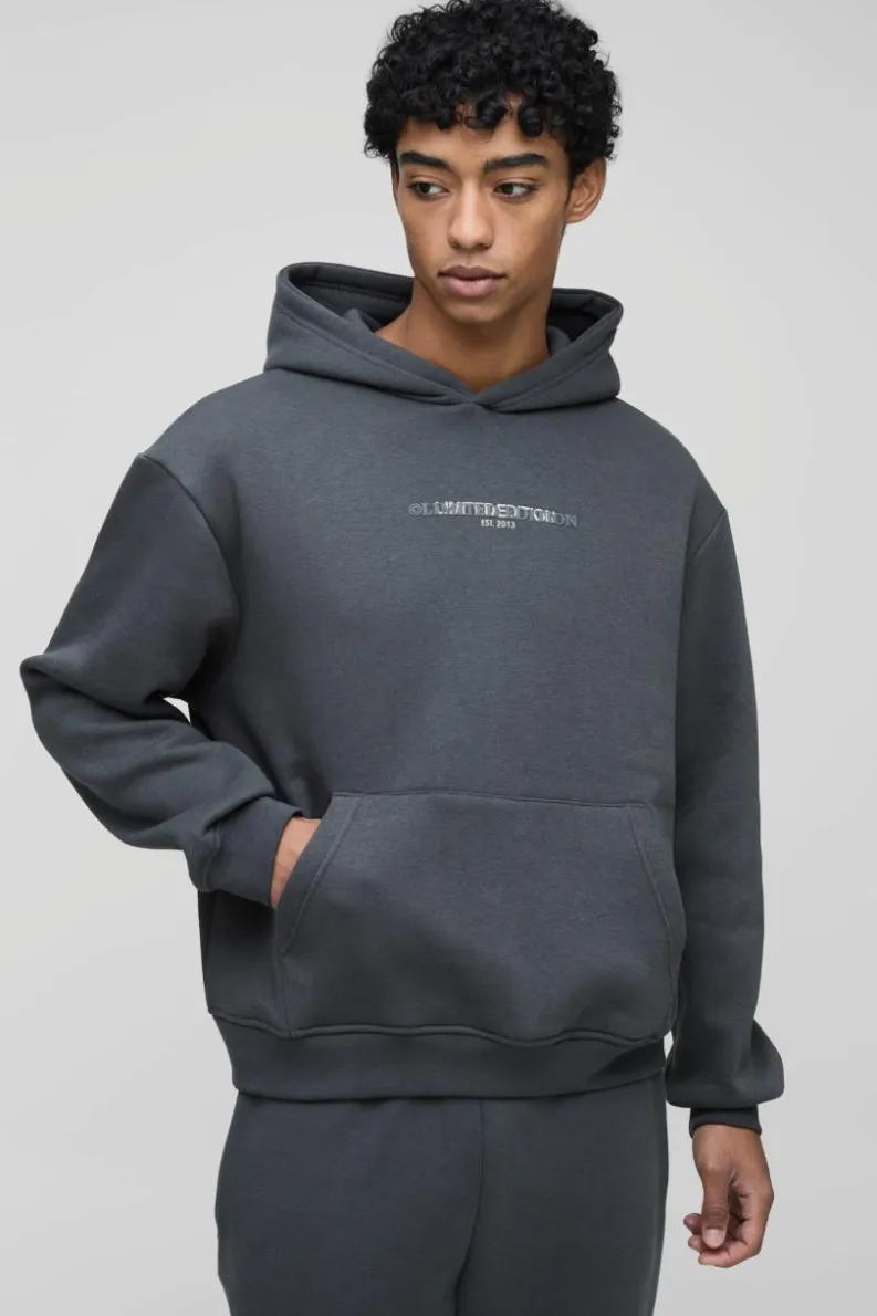 Flash Sale boohooMAN 330GSM Oversized Boxy High Build Print Limited Hoodie charcoal