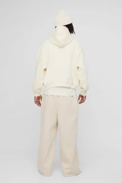 Clearance boohooMAN 330GSM Oversized Boxy M Flocked Hoodie ecru