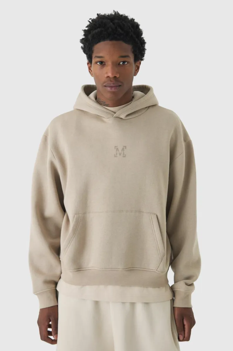New boohooMAN 330GSM Oversized Boxy M Flocked Hoodie taupe