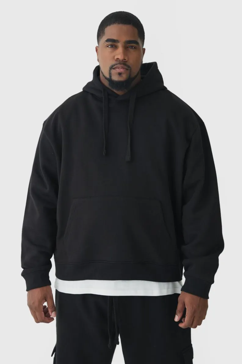 Cheap boohooMAN 330GSM Plus Oversized Boxy Hoodie in black