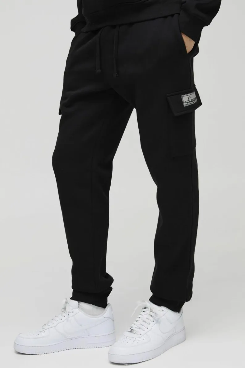 Clearance boohooMAN 330GSM Slim Fit BM Signature Label Cargo Jogger black