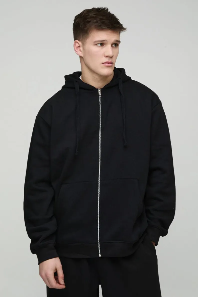 New boohooMAN 330GSM Tall Oversized Fit Zip Through Hoodie in black
